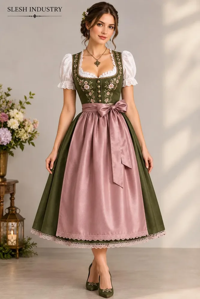 Dirndl Dress for Women |Olive Green Bavarian Dirndl | Traditional German Dress | Embroidered Midi Dirndl | Oktoberfest dress