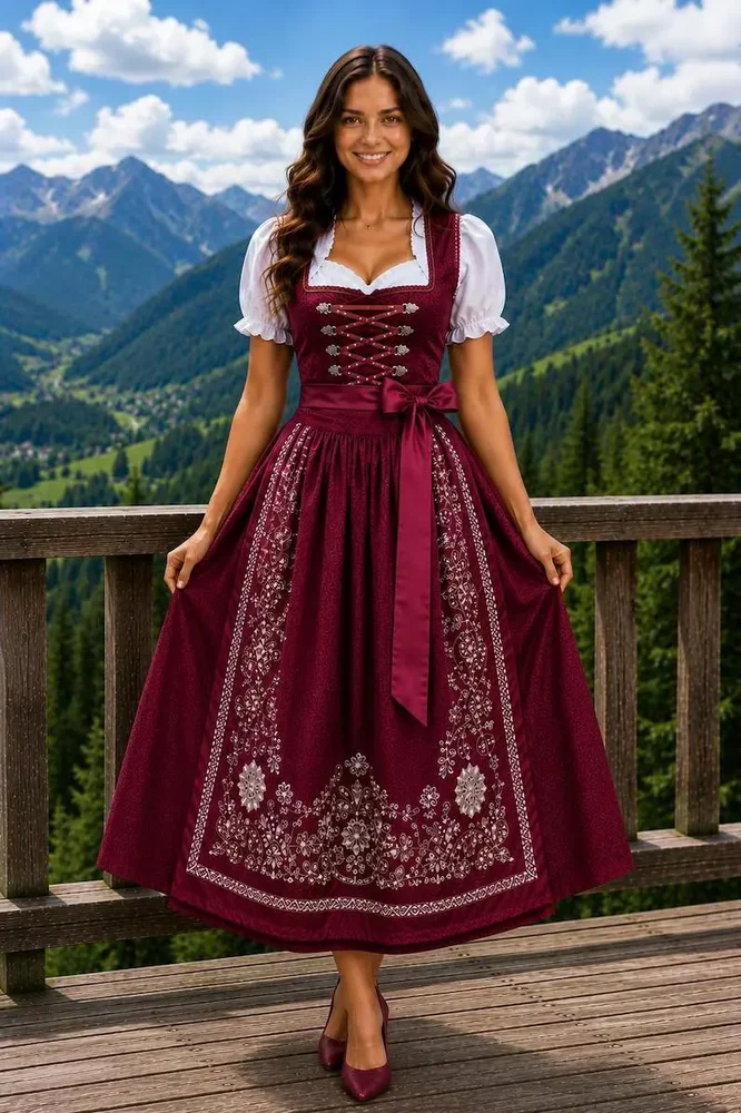 Women's Burgundy Dirndl Dress | Traditional German Bavarian Dress | Oktoberfest Dress | Alpine Embroidered Folk Costume