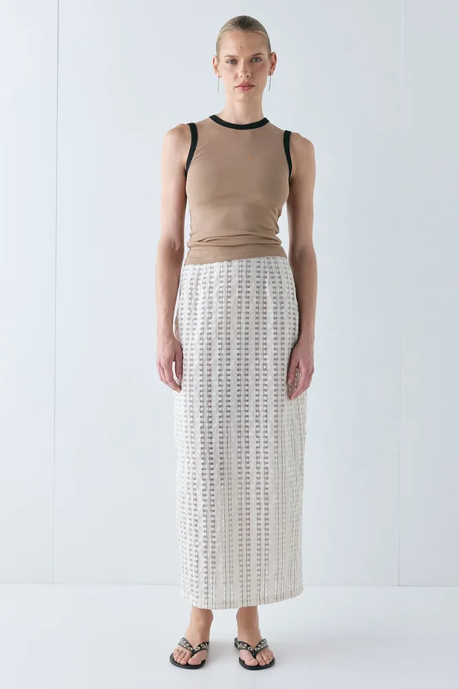Devyn Sheer Midi Skirt Cream Check