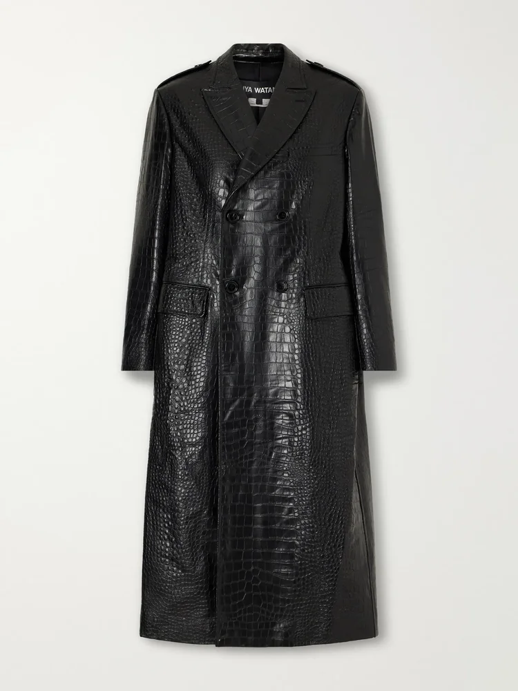 Croc-effect material double-breasted coat