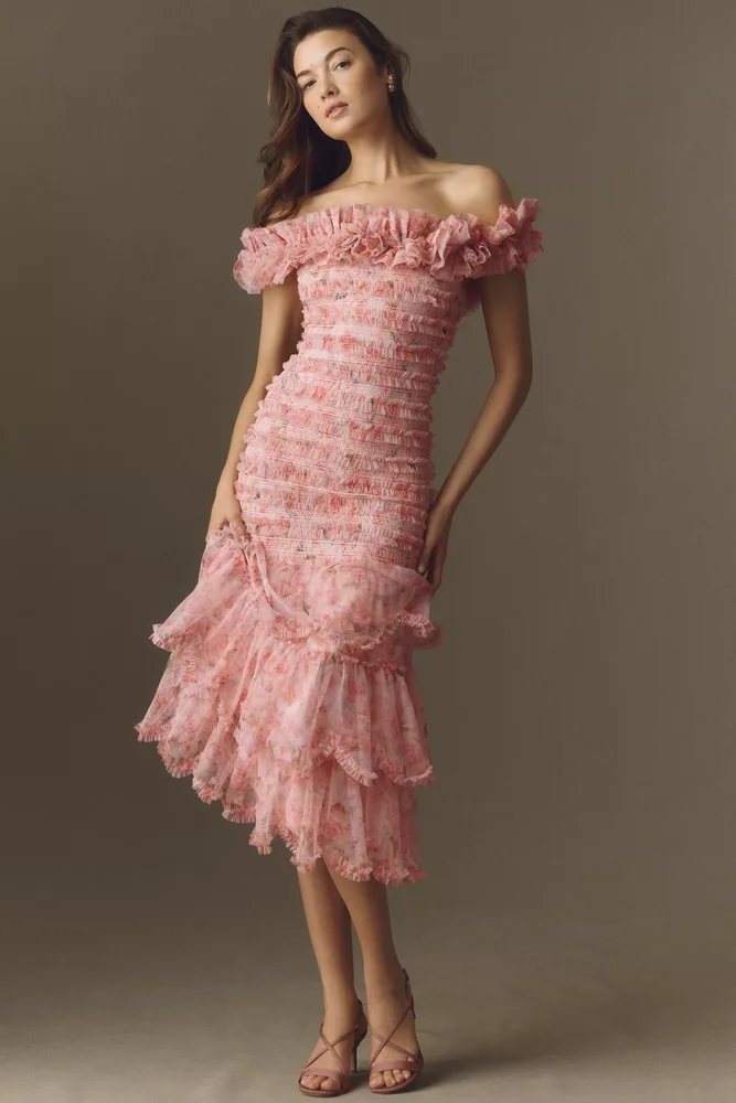 Floral Off-Shoulder Ruffle Midi Dress