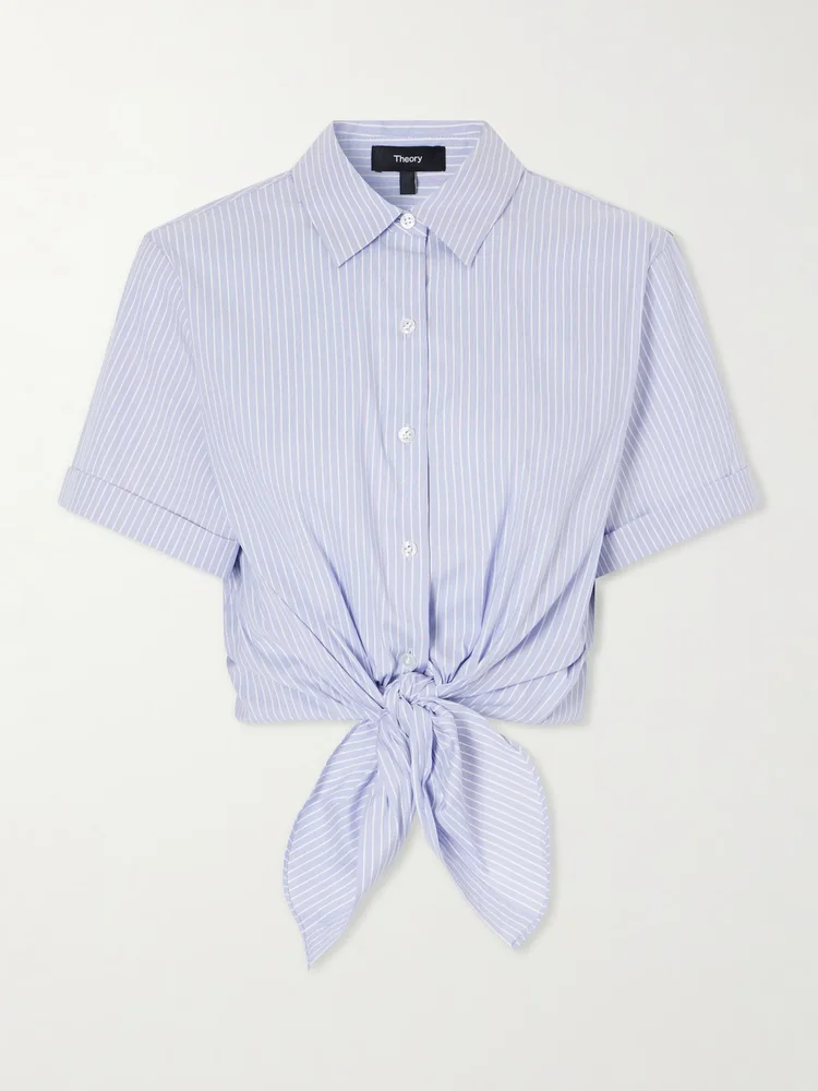 Knotted cropped striped cotton-blend poplin shirt