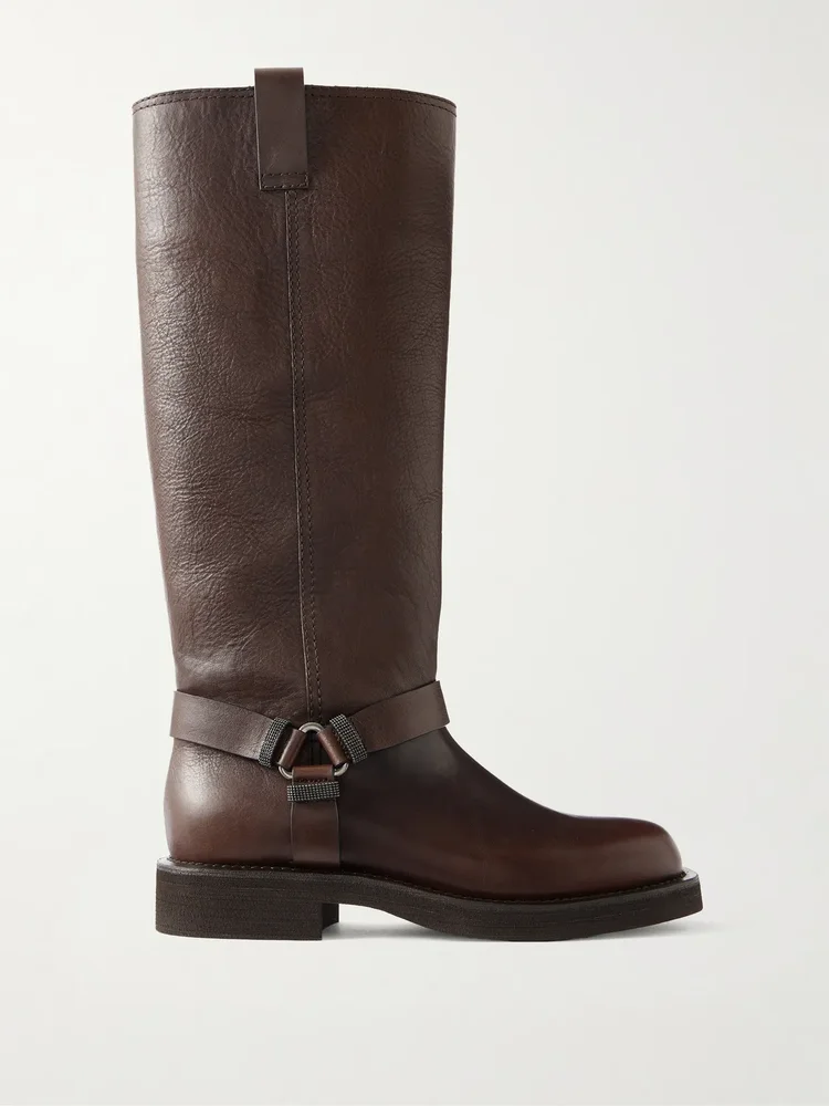 Bead-embellished leather biker boots