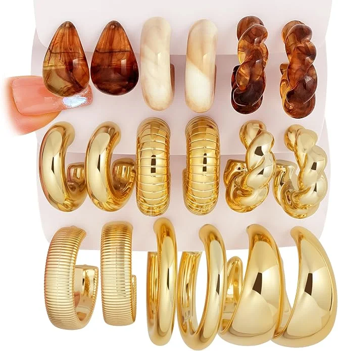 Chunky Gold Hoop Earrings for Women: 9 Pairs 14k Gold-Plated Resin Hoop Earrings, Thick Open Twisted Huggie Hoops Fashion Jewelry Gifts