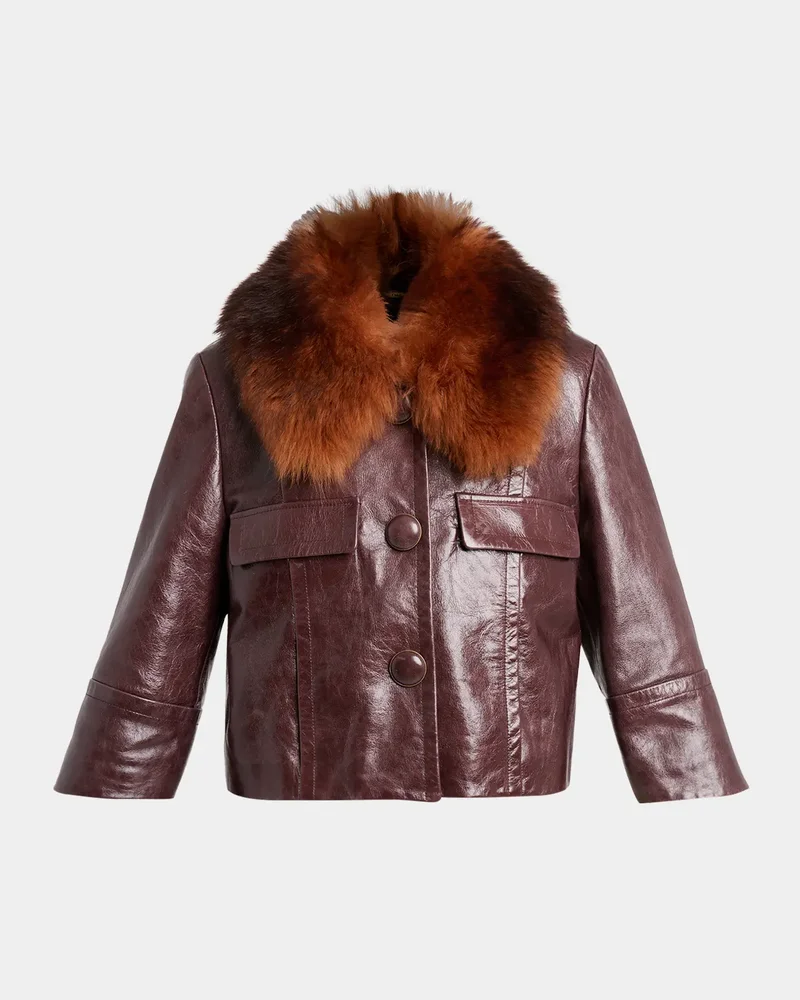 Shiny Calf Leather Jacket with Shearling Collar