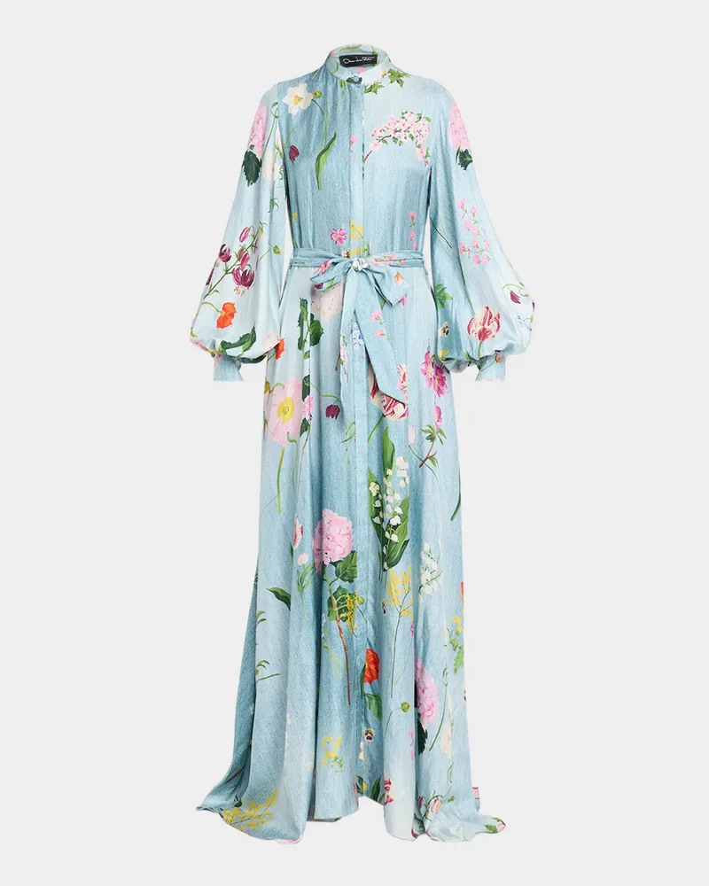 Long-Sleeve Mixed Botanical Silk Twill Belted Maxi Dress