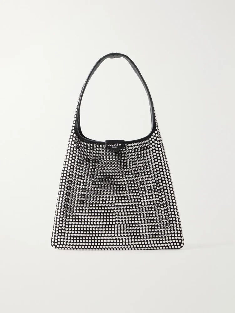 Studded leather-trimmed suede shoulder bag