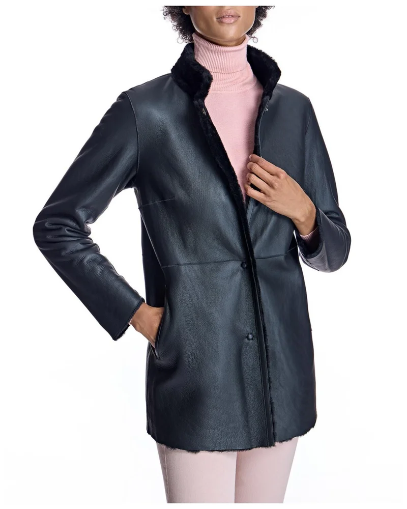 Reversible to Leather Shearling Jacket with Snap Closures