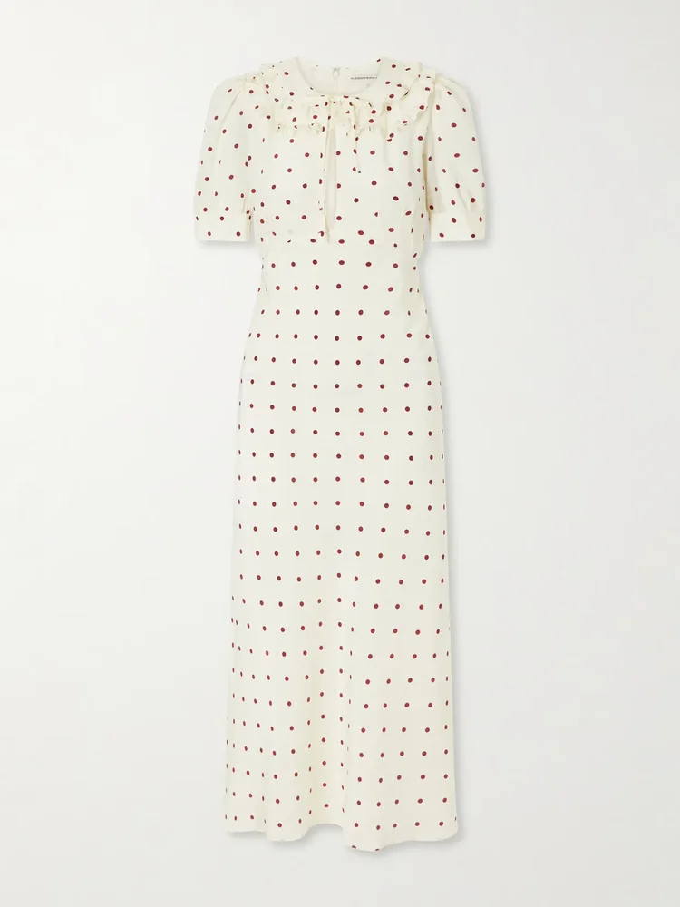 ruffled polka dot silk midi dress