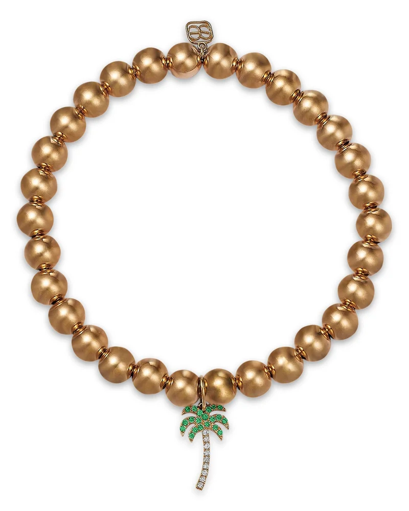 14K Yellow Gold Micro Pavé Diamond Palm Tree Charm Beaded Bracelet