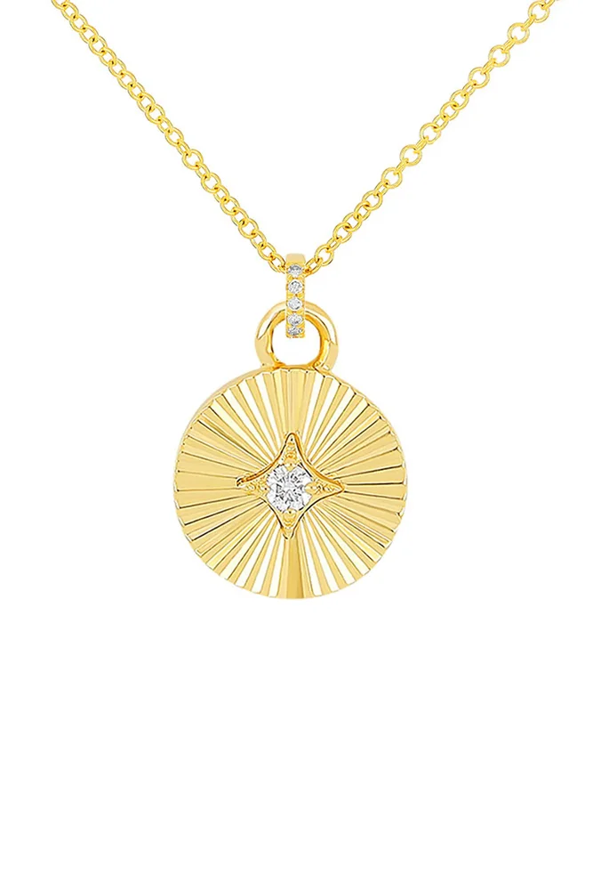 14K Gold Fluted Diamond Disc Pendant Necklace