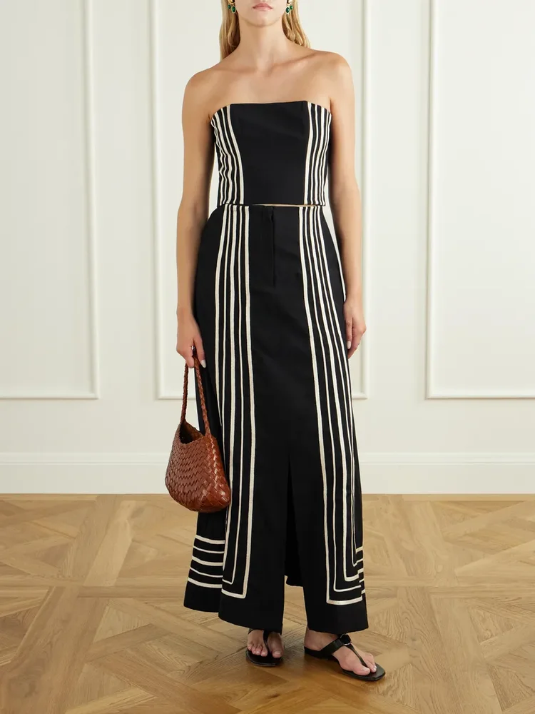 Tan Amada strapless striped embroidered twill cropped top