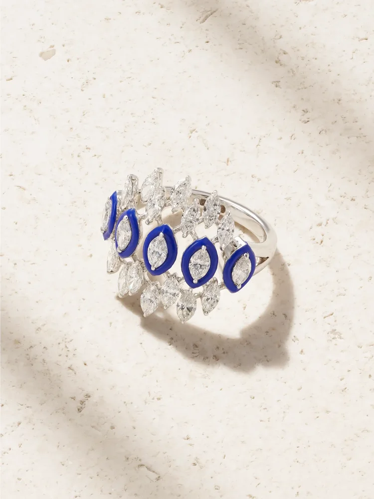 18-karat white gold, diamond and enamel ring