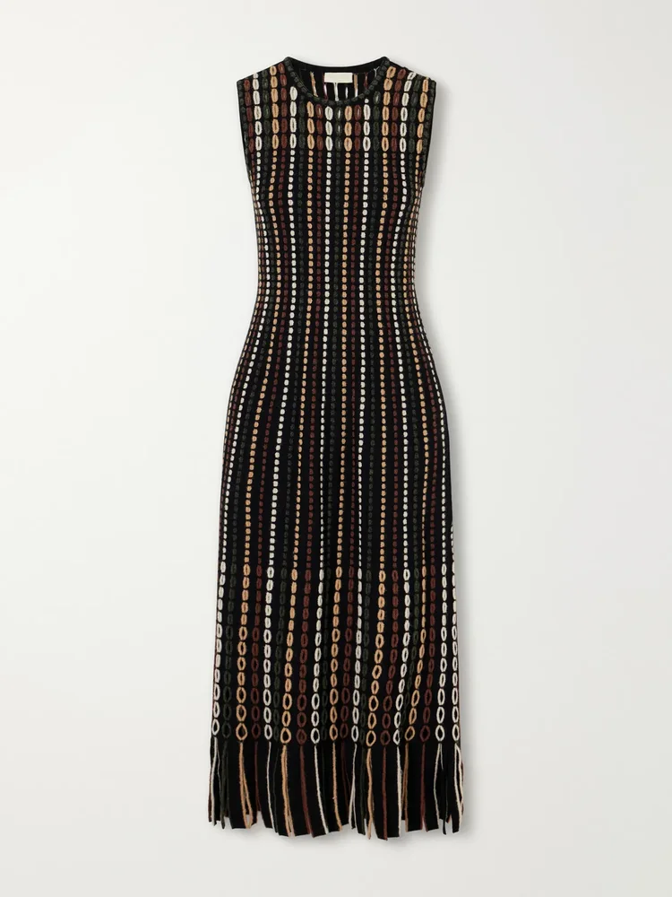 Amina fringe-trimmed stripe-inlain wool-blend midi dress