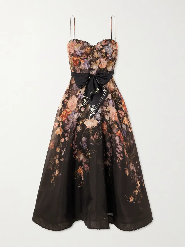valiant floral print linen and silk blend corset maxi dress