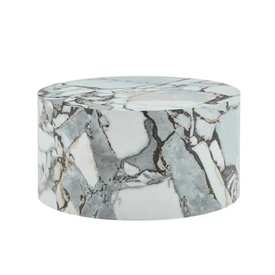 A Simple White Marble Textured Cylindrical Coffee Table