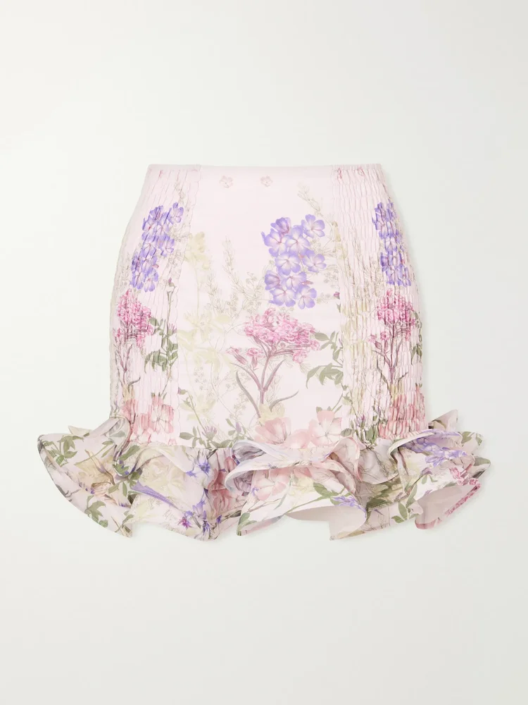 Floral ruffled cotton-blend mini skirt
