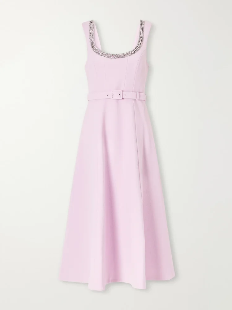 Yolanda belted crystal-embellished crepe midi dress