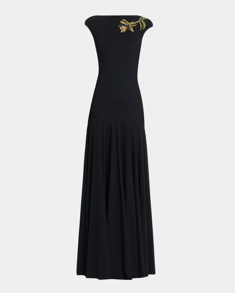 Isolda Beaded 3D Flower Appliqué Drop-Waist Maxi Dress