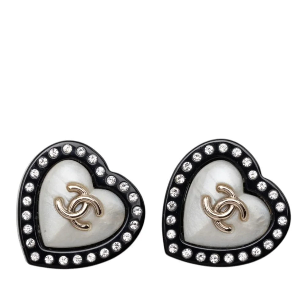 Pre-Owned CC Logo Stud Heart Earrings Gold-Tone Metal
