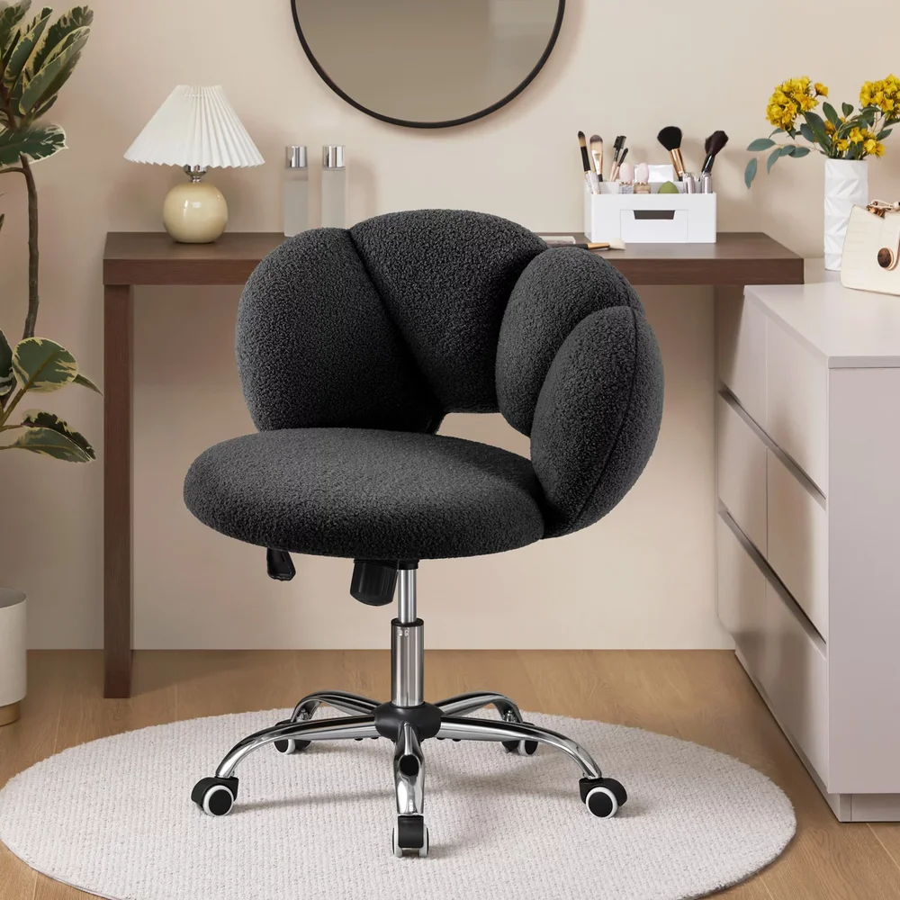 Boucle Upholstered Rolling Vanity Chair, Cloud Shaped Back
