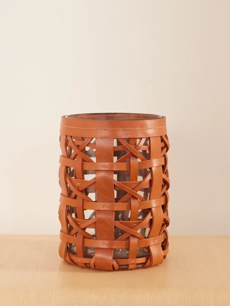 Preston mini woven leather and glass hurricane candle holder