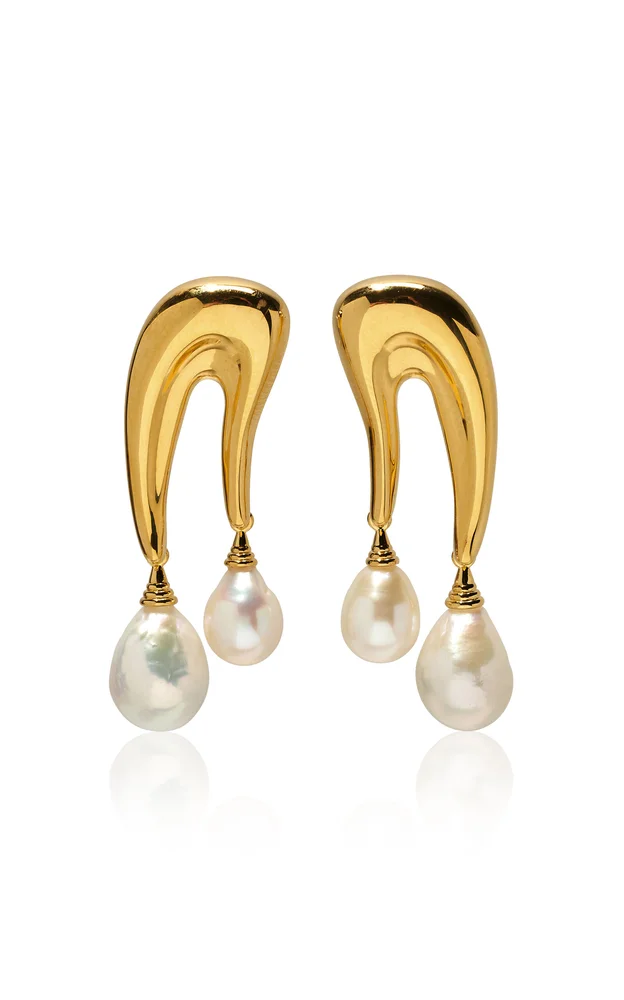 Sculptural Gold-Plated Brass Pearl Earrings