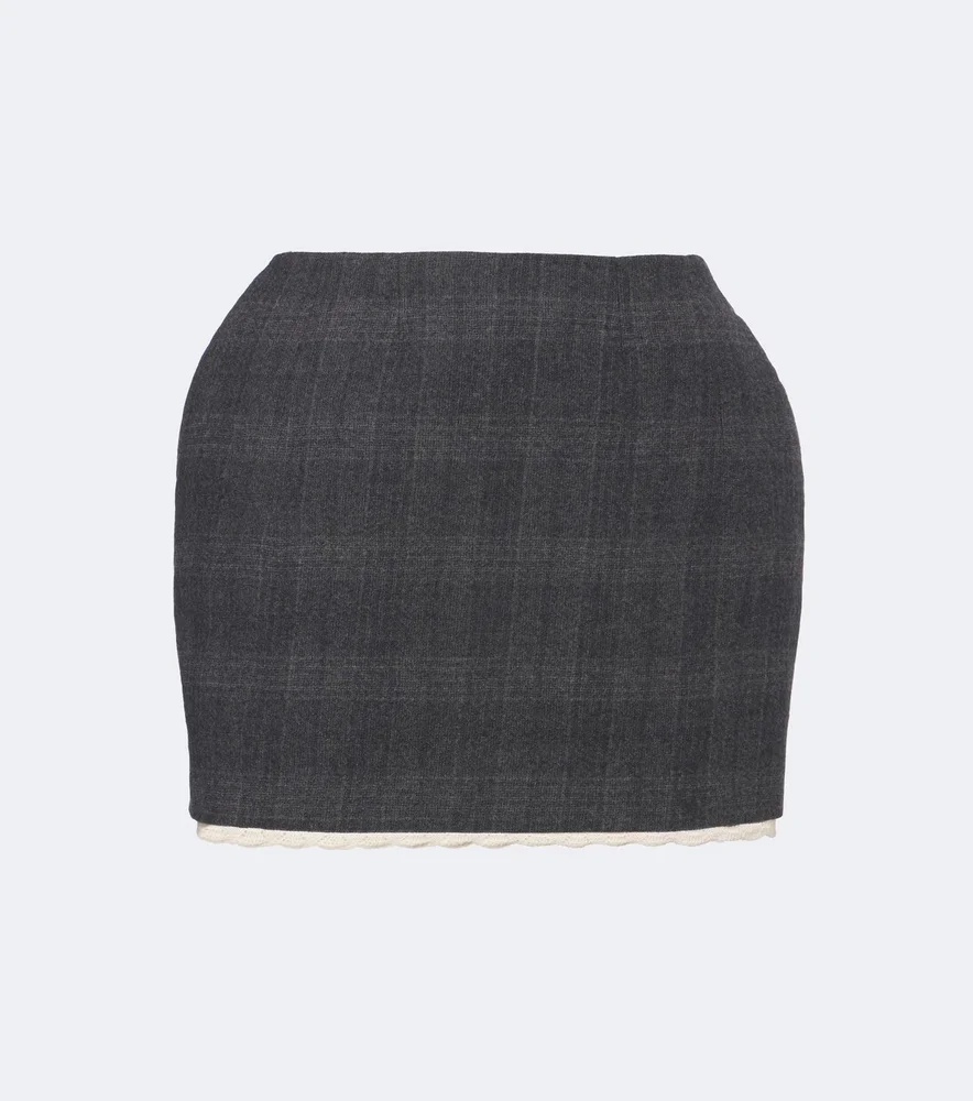Checked crochet-trimmed virgin wool miniskirt