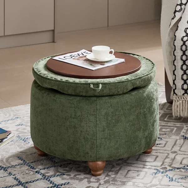24-inch Wide Upholstered Tufted Round Storage Ottoman