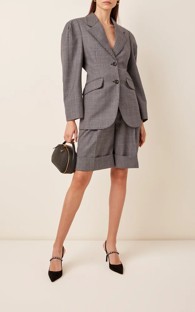 Puff-Sleeve Checked Wool Blazer