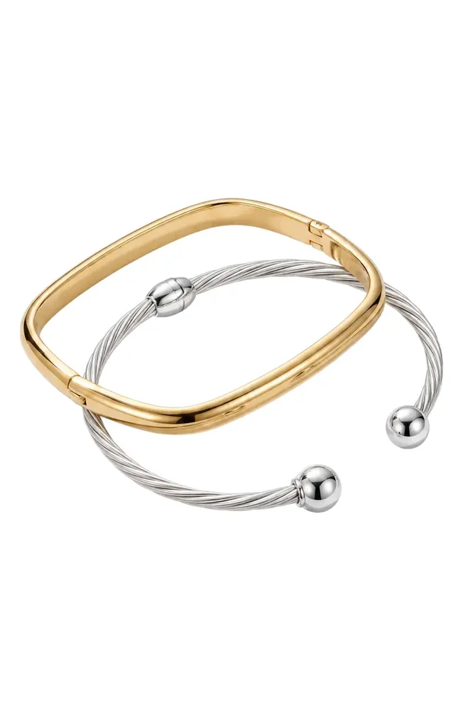 Set of 2 Two Tone Bangle & Cuff Bracelets