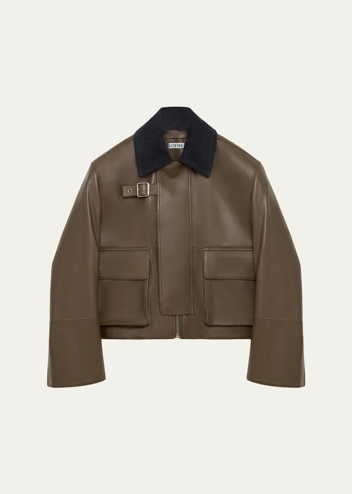 Corduroy-Collar Leather Utility Jacket