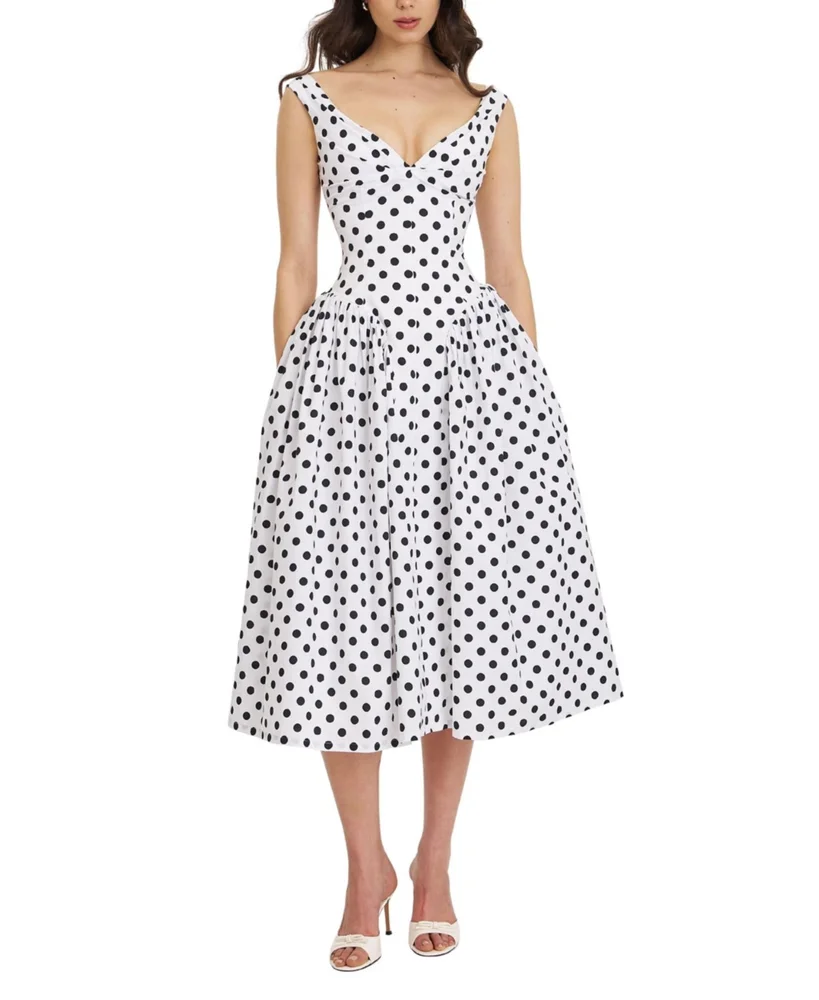 Rahma Polka Dot Drop Waist Midi Cotton Poplin Dress
