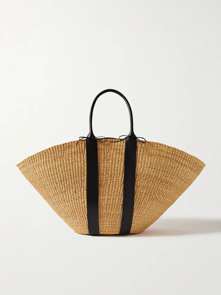 Sophie maxi leather-trimmed woven straw tote