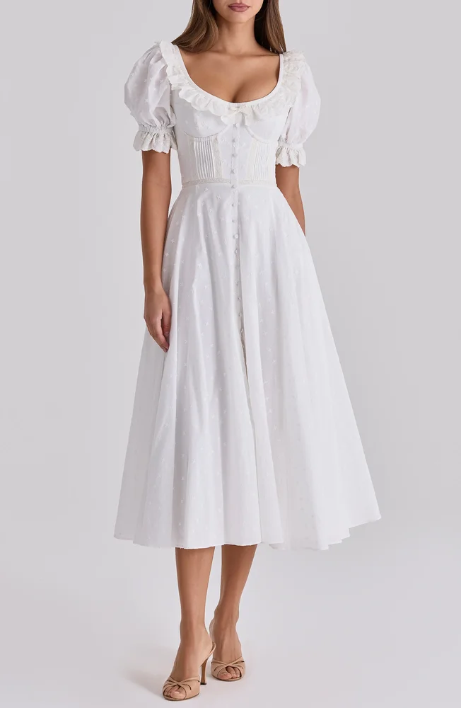 Bella Puff Sleeve Broderie Anglaise Cotton Midi Dress