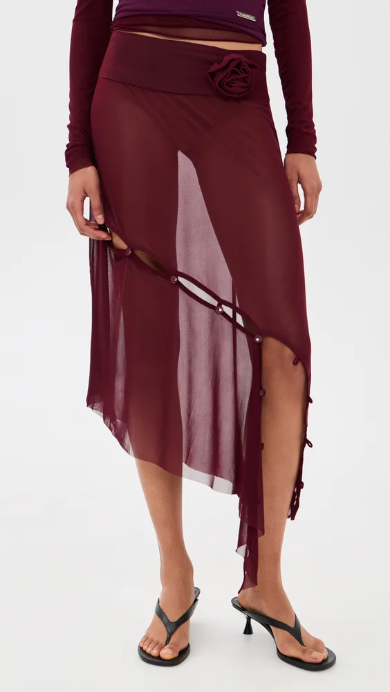 Asymmetric Mesh Skirt with Flower Applique