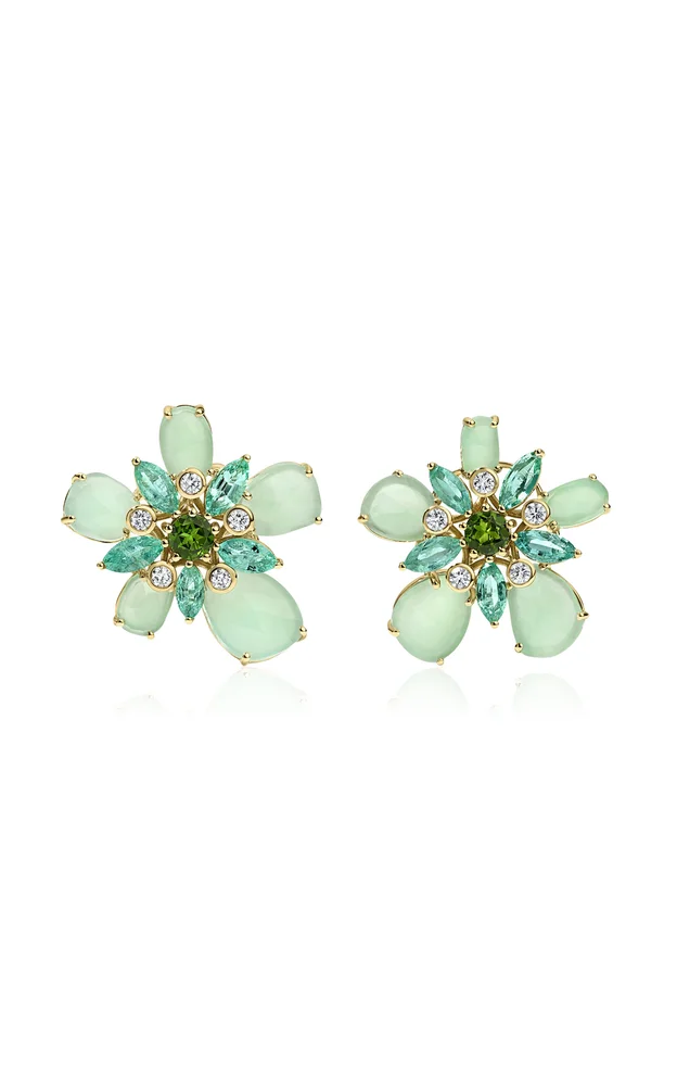 Green Petal 14K Yellow Gold Multi-Stone Stud Earrings