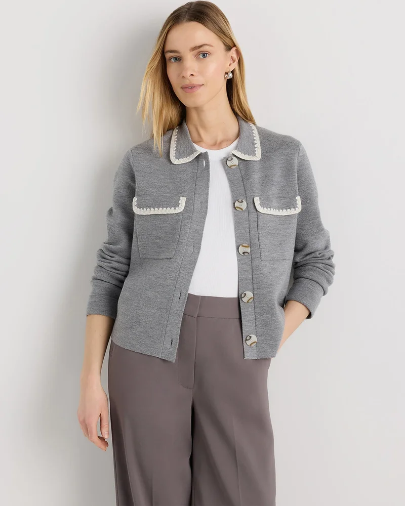 Australian Merino Wool Crochet Structured Cardigan in Heather Grey