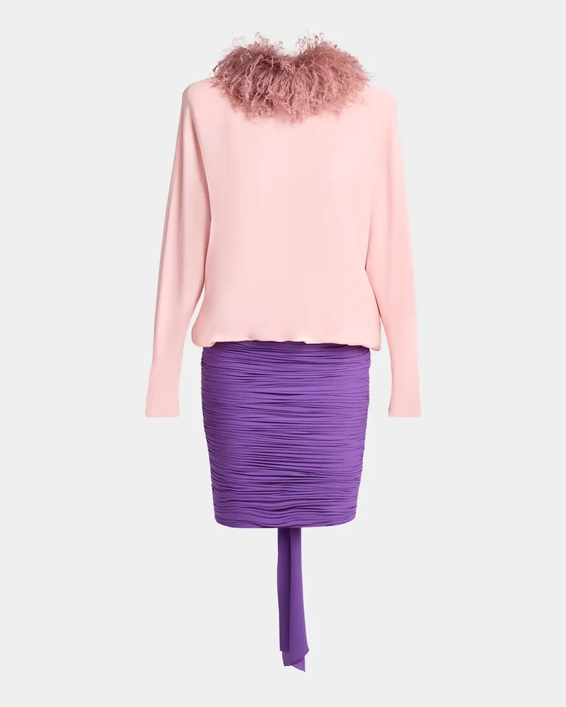 Feather-Collar Colorblock Silk Georgette Long-Sleeve Dress