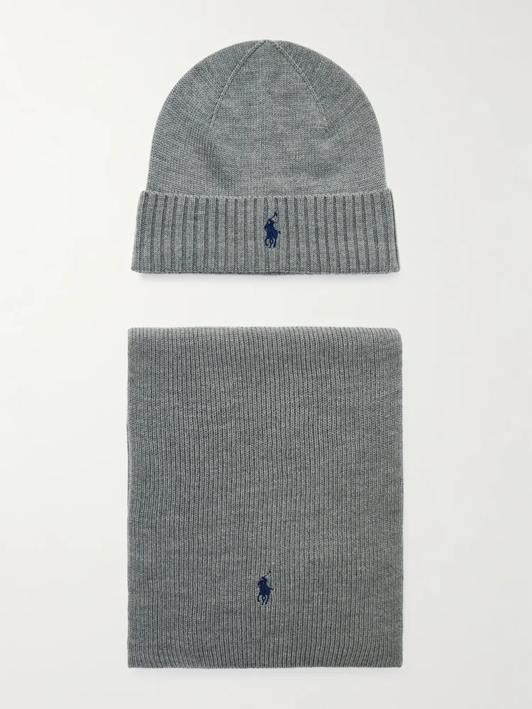 Logo-Embroidered Ribbed Wool Beanie and Scarf Set