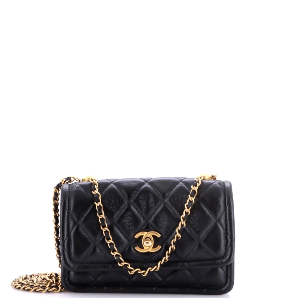 Pre-Owned Chanel Button on Top Flap Clutch with Chain Quilted Shiny Lambskin Small