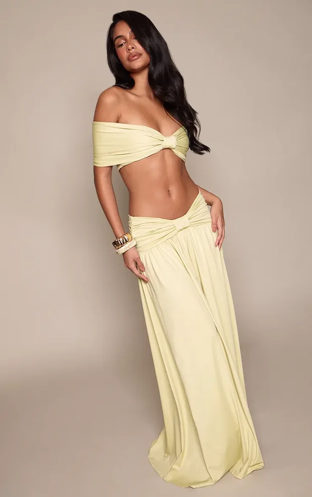 Lime Bardot Knot Detail Maxi Skirt Co-ord