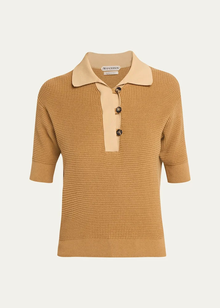 Short-Sleeve Textured Knit Polo Sweater