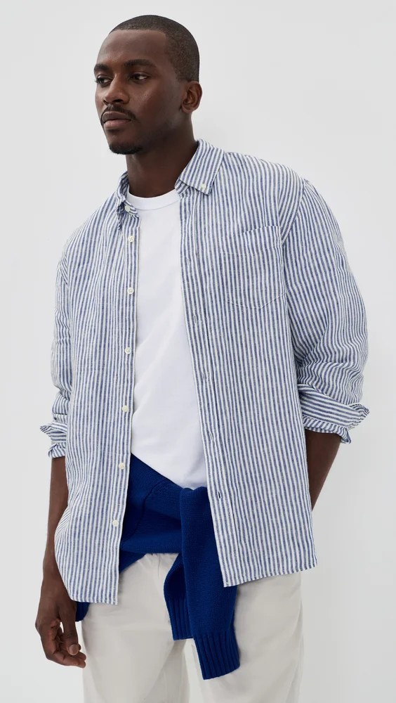 Mill Dress Shirt In Linen Stripe