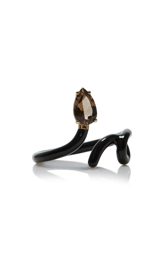 9K Yellow Gold and Silver Black Enamel Quartz Ring