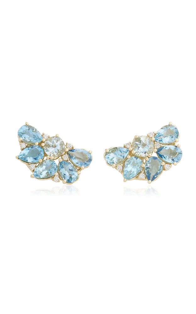 Floral Cluster 18K Yellow Gold Diamond And Aquamarine Earrings