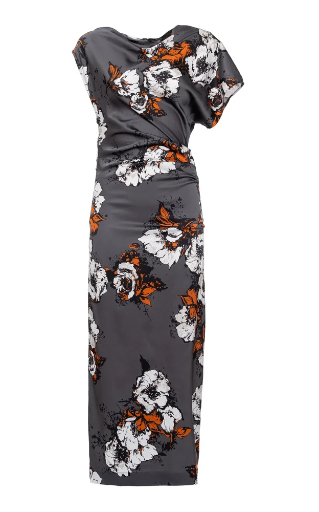One-Shoulder Printed Stretch-Satin Midi Dress