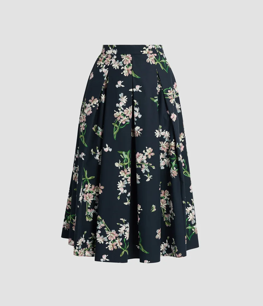 Floral Cotton Midi Pleated Skirt