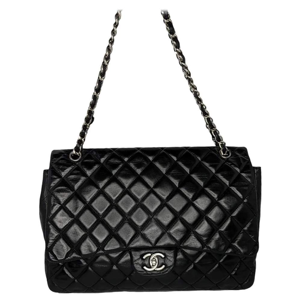 Pre-Owned Lambskin Quilted Maxi Classic Single Flap, Black