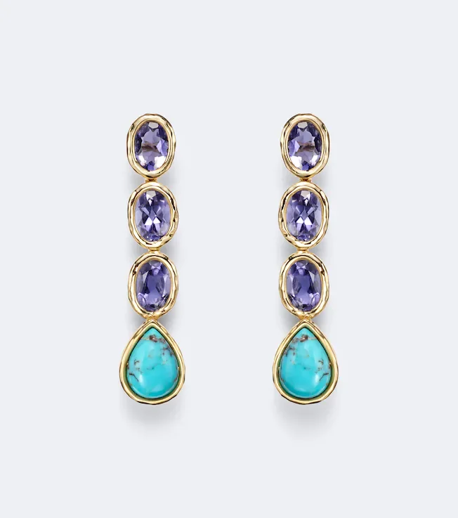 18kt gold drop earrings with iolite and turquoise